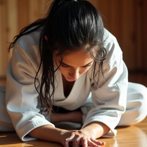 Close up of a kneeling female karate fighter. Upper body leaned forward. Elbows touch the floor. Looking down at the wooden floor. Black hair clings to damp skin. Wearing a karate gi. Sunlight reflects off the floor of the dojo.