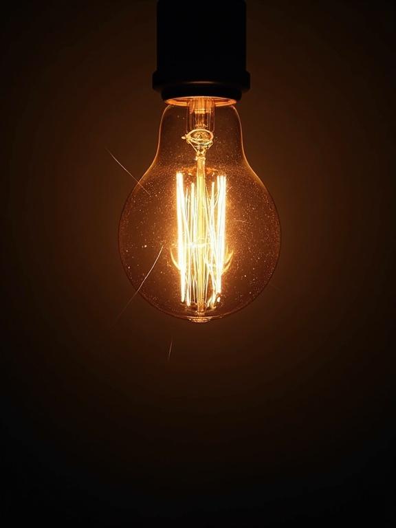 Flickering light bulb creates warm ambiance with glow. Close-up view shows filament inside glass cover against dark background.