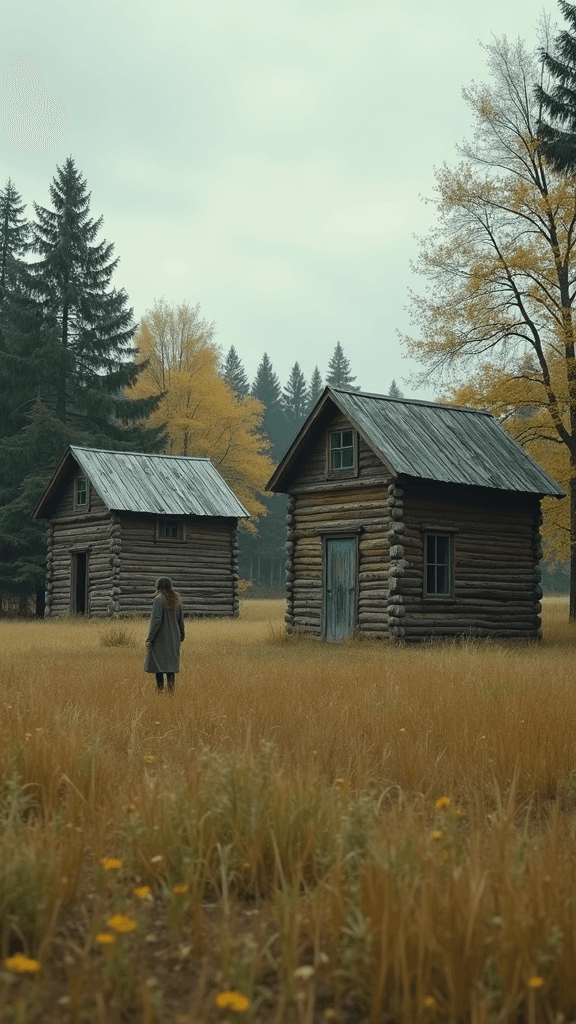 A person stands in a grassy field between two log cabins with autumn trees in the background.