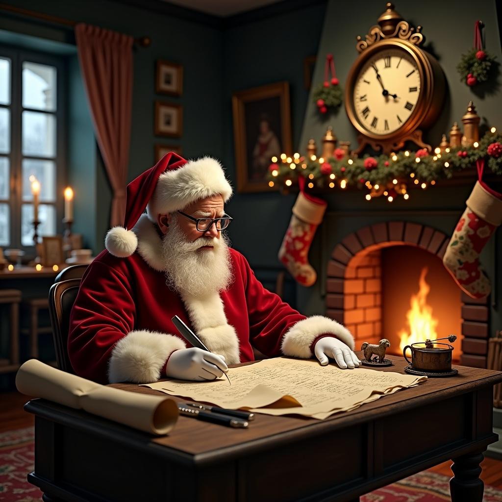 Santa Claus writing a list at a wooden desk in a cozy room. Decorated Christmas tree and stockings in the background. Warm fireplace and Christmas decorations present.