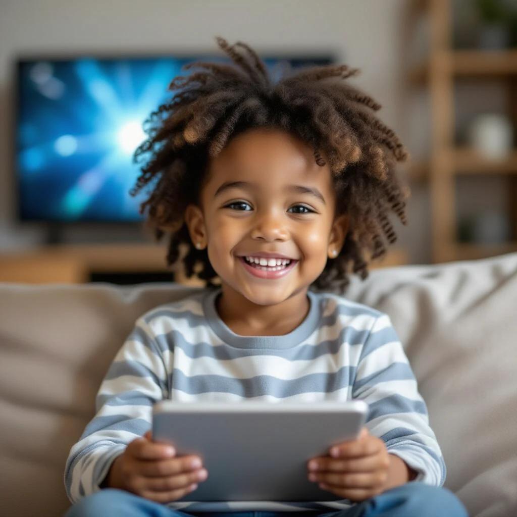 A 3-year-old child sits on a couch with a tablet in hand. The child seems engaged with the device. The background shows a bright screen. The scene is in a living room setting.