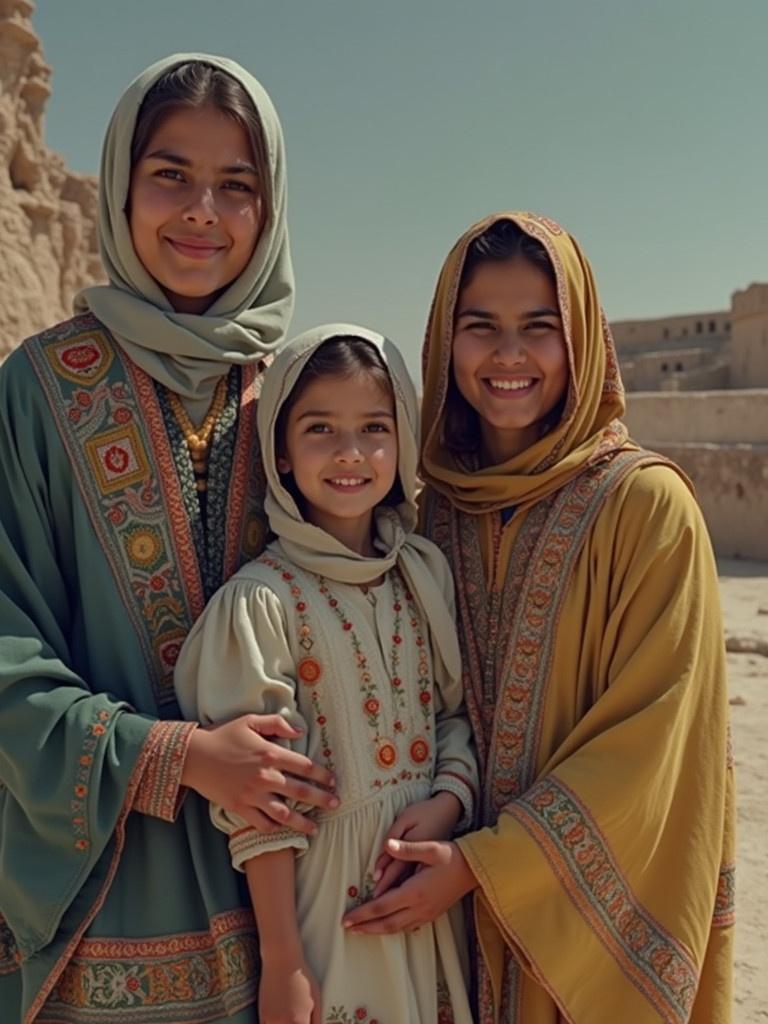 Three individuals are dressed in traditional attire. They stand in an outdoor setting. Each person wears a different colored cloak. The atmosphere is warm and inviting. Their expressions reflect a sense of harmony. The background shows ancient structures. Cultural heritage is prominently displayed through their clothing.