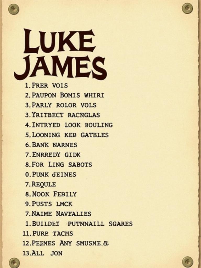 Vintage-styled list featuring the name Luke James. Text arranged artistically with playful entries contributing to an enigmatic theme. Background in beige and brown enhances the aged look. Appeals to creative typography enthusiasts and artistic design lovers.