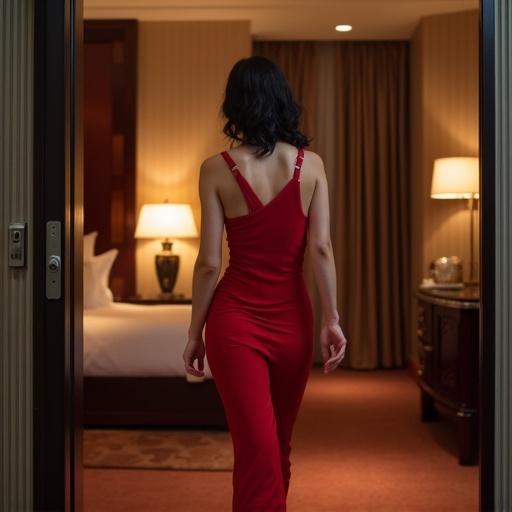 Thai woman dressed in a red outfit walks towards a luxury hotel suite bedroom in Bangkok. Soft ambient light accentuates the upscale environment.