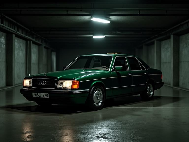 Dark garage with low lighting featuring two cars. 1998 Audi S8 in dark green parked. 1976 Mercedes-Benz 450 SEL 6.9 in dark reddish-brown. Ambient setting from 1998. Cars are turned off.