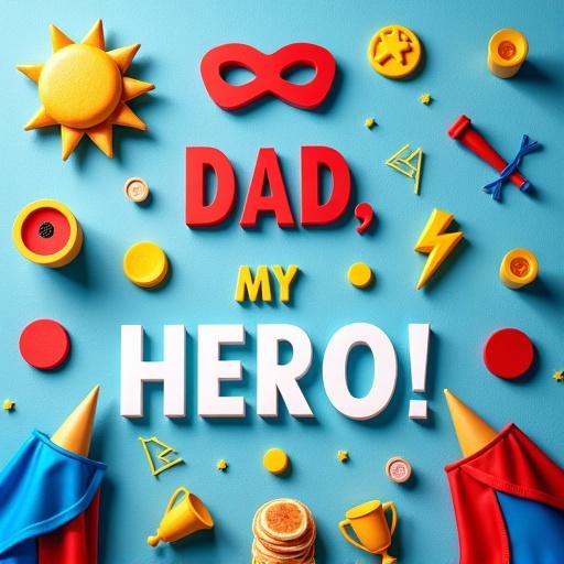 Create a playful Father's Day flat lay on light denim blue. Include whimsical cartoonish elements like capes and masks tiny lightning bolts stacks of pancakes miniature trophies. Use bright reds yellows and blues. Feature the text 'DAD, MY HERO!' in bold comic-style font.