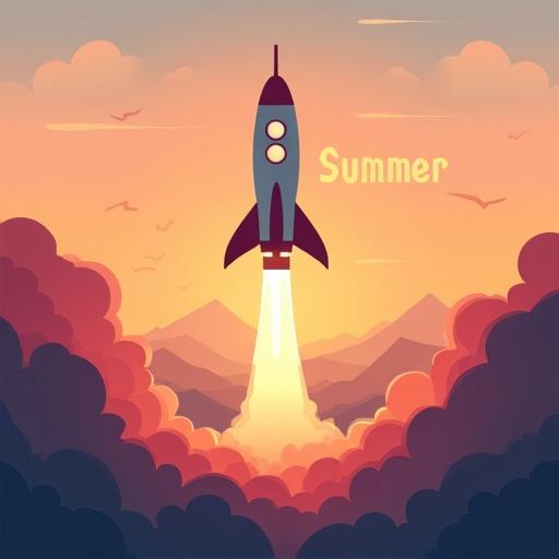 Rocket launching from a launchpad at sunrise during summer. Mountains in the background with distinct layers. Adobe Illustrator style with flat colors. The word 'Summer' written above the rocket.