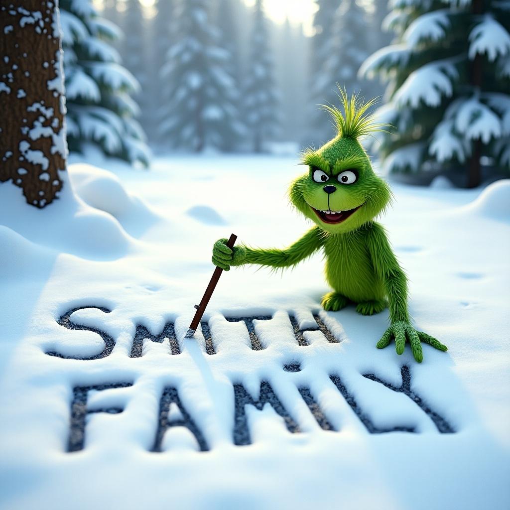 Grinch character writing in snow with a stick. Letters spell Smith Family. Surrounded by snowy trees. Winter landscape enhances playful charm of green character.