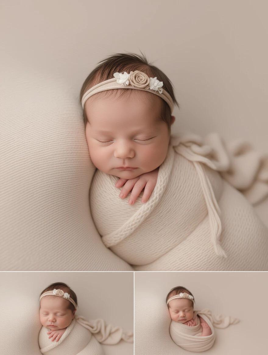 Newborn baby wrapped in soft cream fabric. Baby is wearing a delicate headband with flowers. Image has soft natural lighting.