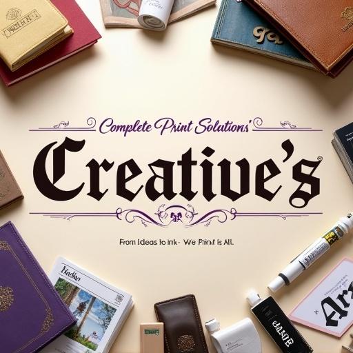 A clean flat-lay showcasing a variety of printed products. Hardbound diary with embossed logo. Colorful magazine and brochure present. Catalogues and books exhibit polished covers. Premium PVC and polycarbonate stickers shine in light. Matte paper and vinyl stickers contrast in the setup. Text reads 'Complete Print Solutions, All Under One Roof.' Tagline 'From Ideas to Ink - We Print It All.' Elegant font for 'Creative's' with intricate flourishes. Soft beige and dark brown palette for a warm feel. Design highlights creativity and artistry.