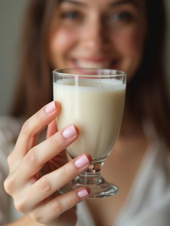A woman holds a glass filled with thick white cream. The glass is clear. The woman has light pink nails. The focus is on the glass in the hand.