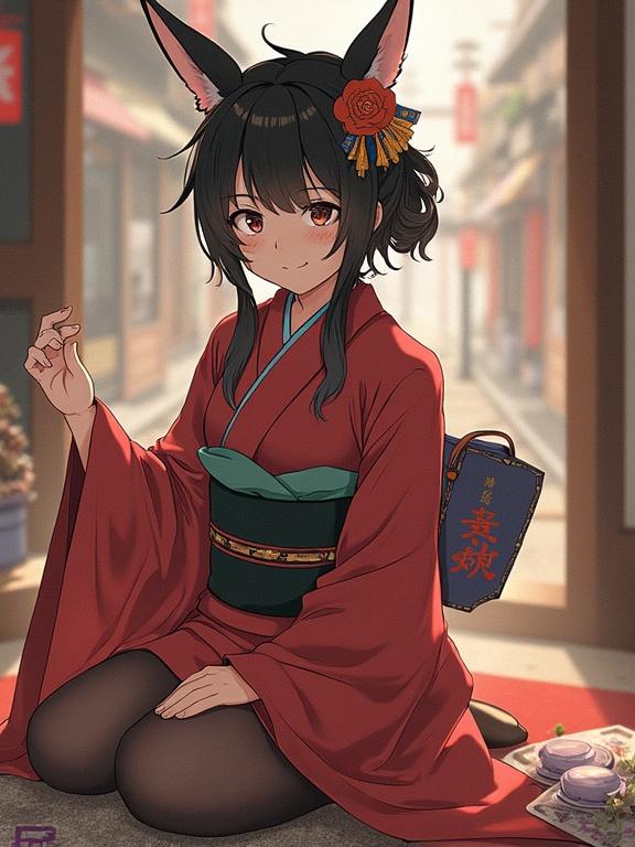 Anime character with fox ears sits wearing a red kimono with a green obi. She has colorful hair and a floral accessory. The background showcases a traditional Japanese street.
