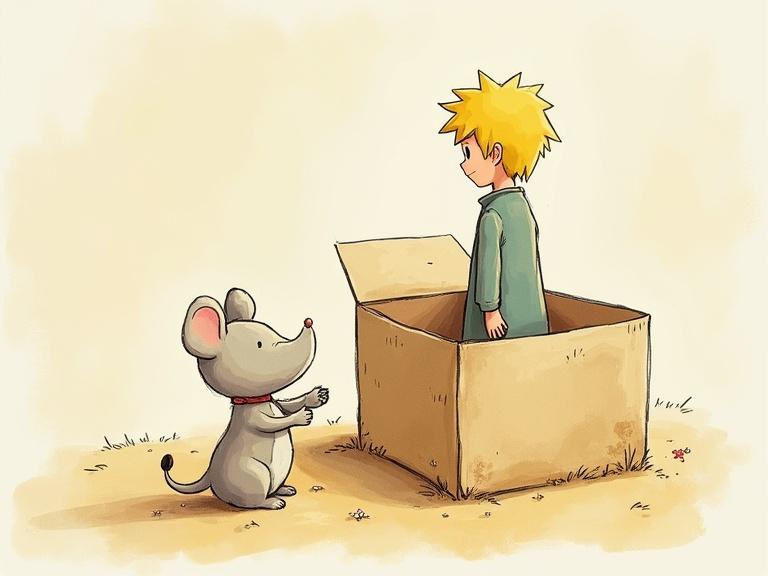 Illustrate a scene inspired by The Little Prince. A child with spiky yellow hair is standing inside a cardboard box. A cute gray mouse is outside the box looking up at him. The setting is warm with soft colors.
