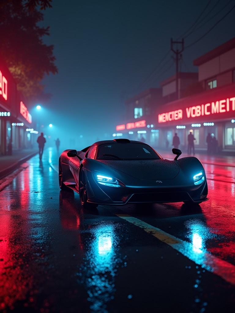 Futuristic vehicle with glowing lights in a urban night scene. Neon reflections from nearby buildings. Wet streets creates a striking visual. Shadows from pedestrians walking in the background.