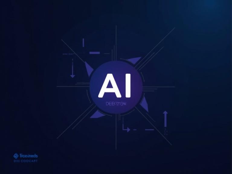 Image features a minimalist AI-themed design for a LinkedIn background. Central focus on 'AI' text with abstract shapes around it. Color palette includes electric blue and deep purple on a dark background.