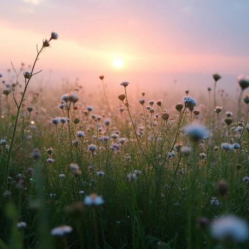 A beautiful meadow covered in dew at dawn with wildflowers bending under moisture. The horizon showcases a gentle blend of pink and blue colors.