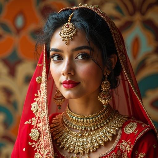 A portrait of a beautiful Bengali bride wearing traditional wedding attire. Red and gold embellished dress decorated with intricate patterns. Dazzling jewelry including earrings, necklace, and maang tikka. Soft warm lighting and vibrant background designs.