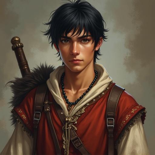 Male character with an inverted triangle build. Height of about six feet. Honey skin tone. Jet black side-swept hair. Hazel almond eyes. Heart-shaped face. Visible six-pack abs. Dressed in medieval fantasy clothing like a tunic and leather. Wearing a beaded necklace and medieval backpack. Character shows humorous and mischievous traits, with a protective yet secretly emotional side.
