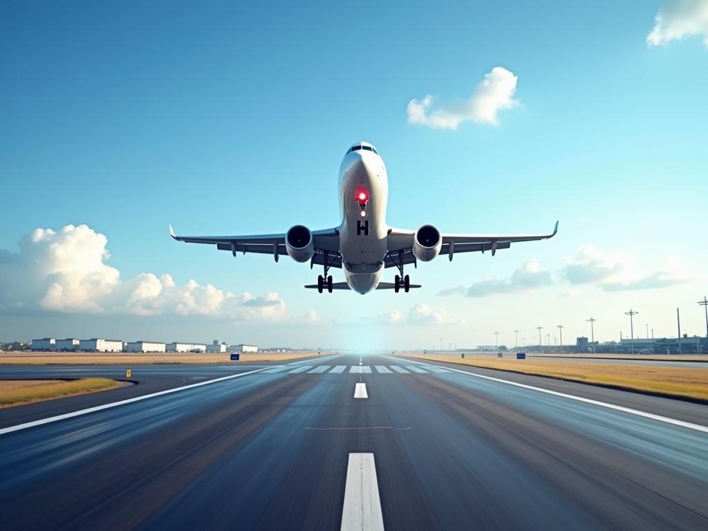 A passenger jet plane takes off from an airport runway, showcasing its powerful engines and sleek design. The aircraft, often used for both traveling and cargo, is ascending into a bright blue sky dotted with soft clouds. This scene captures the vital role of freight transportation in the aviation industry. Bright runway lights and markings are visible, emphasizing the busy nature of airports. The image highlights the efficiency and scale of air travel, both for passengers and freight services.