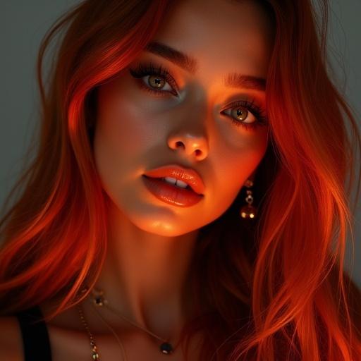 Photo of a cinematic close-up of a young girl with caramel skin and long orange hair wearing black fashion clothes. She has thick eyelashes and slanted eyes, accessorized with earrings. The background features a nightclub ambiance with reflections and shadows.