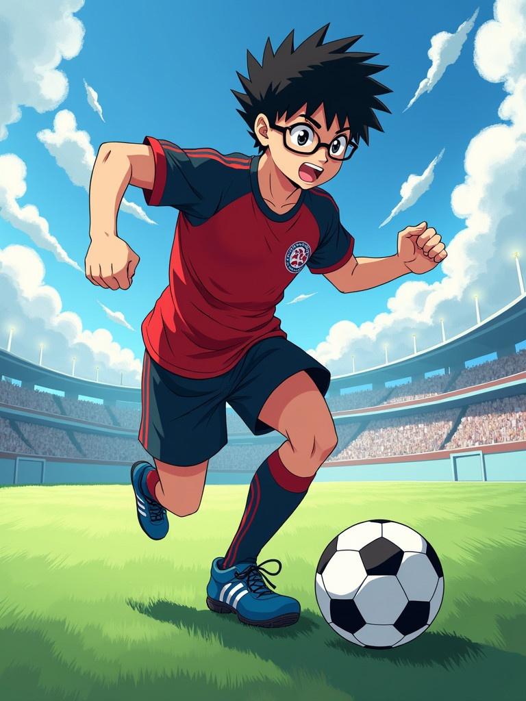 Anime character in dynamic action on a soccer field. Character features black hair. Sports red and black jersey. Character runs towards the soccer ball. Demonstrates motion and energy. Bright colors and clear sky in the background.