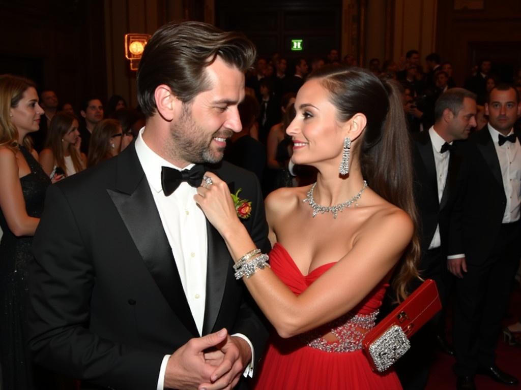 The image shows a well-dressed couple at a formal event. The man is wearing a classic black tuxedo with a bow tie, looking elegant. The woman, dressed in a stunning red gown, is adjusting his bow tie affectionately. She has a glamorous accessory, a small red clutch, and is wearing a bracelet that adds sparkle to her look. They seem to be enjoying a moment together amidst a crowd at the event. The background is filled with other attendees who are similarly dressed for the occasion.