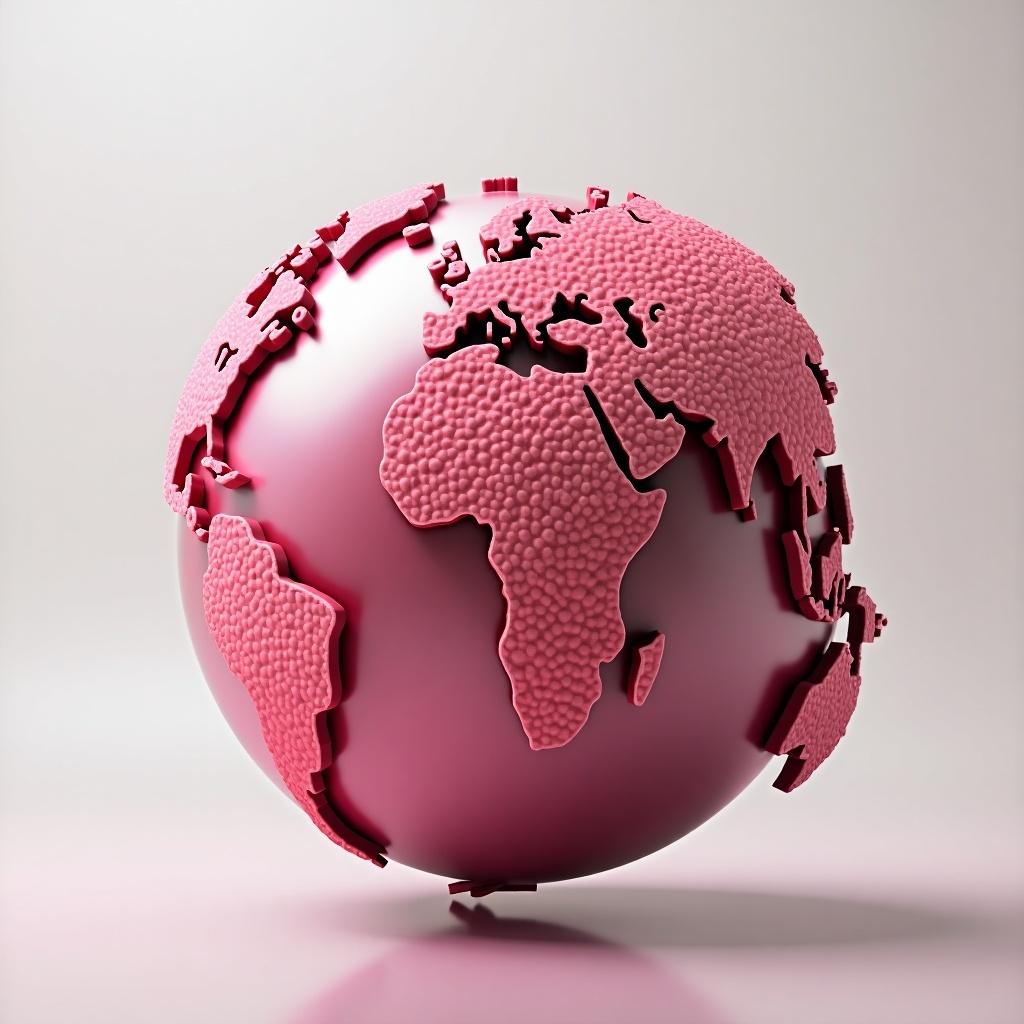 3D globe model in magenta color suspended in air. The globe features a textured surface resembling small beads. The representation of continents is stylized and abstract. This image conveys a modern, artistic interpretation of Earth.