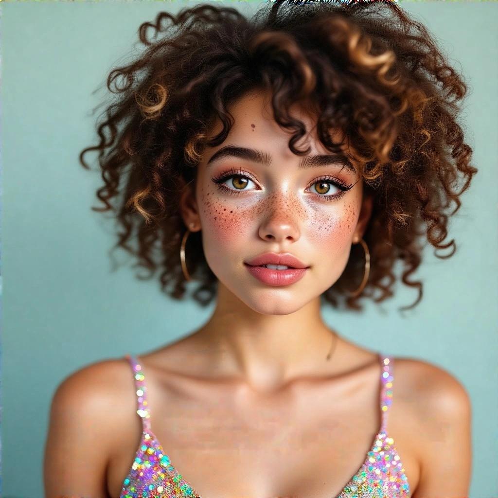 A person has curly hair and freckles. The person wears a sparkly top. The expression is friendly. Background is a soft color. Soft lighting highlights the features.