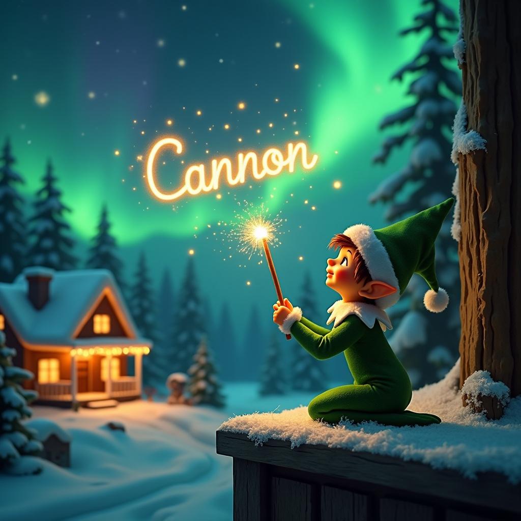 In this enchanting Christmas scene, a green elf on the shelf sits playfully with its back to the viewer. The elf gazes up at the colorful northern lights swirling above, embodying a sense of wonder. It holds a glowing wand that emits sparkling light, casting a magical glow. In the distance, a cozy house adorned for the holidays adds charm to the winter scene. Snow blankets the ground, enhancing the festive atmosphere, while the name 'Cannon' shimmers in the air, created by the elf's wand. This image captures the essence of holiday magic and joy.