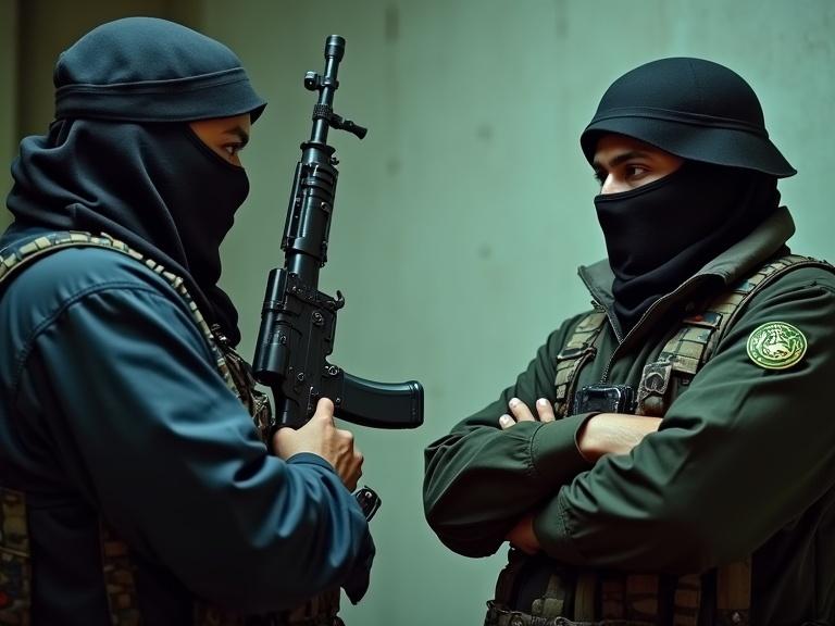 Two armed figures engaged in covert operations. They wear tactical gear and look serious. The setting appears industrial and dimly lit. They are discussing tactics or missions in a tense manner.