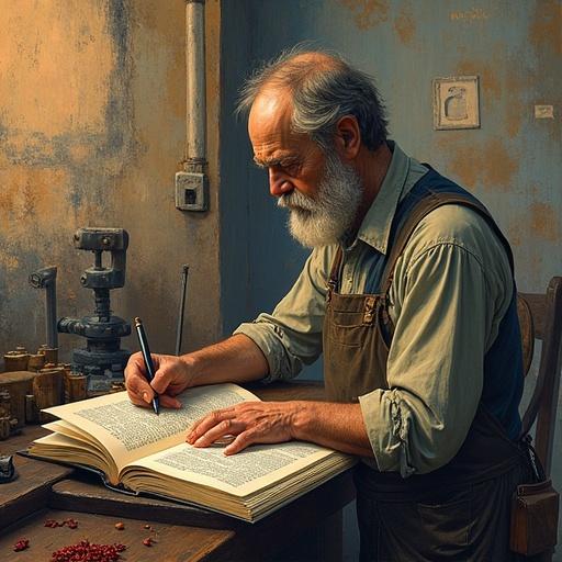 A detailed scene depicting a contemporary worker writing in a book. Elements from the Industrial Revolution. A soft and colorful handcrafted painting. Realistic style reminiscent of 1800s revolutionary painters. The subject includes an elderly man with a beard, engaged in writing. The background features tools associated with industry. The scene should convey a sense of labor and history without any text.