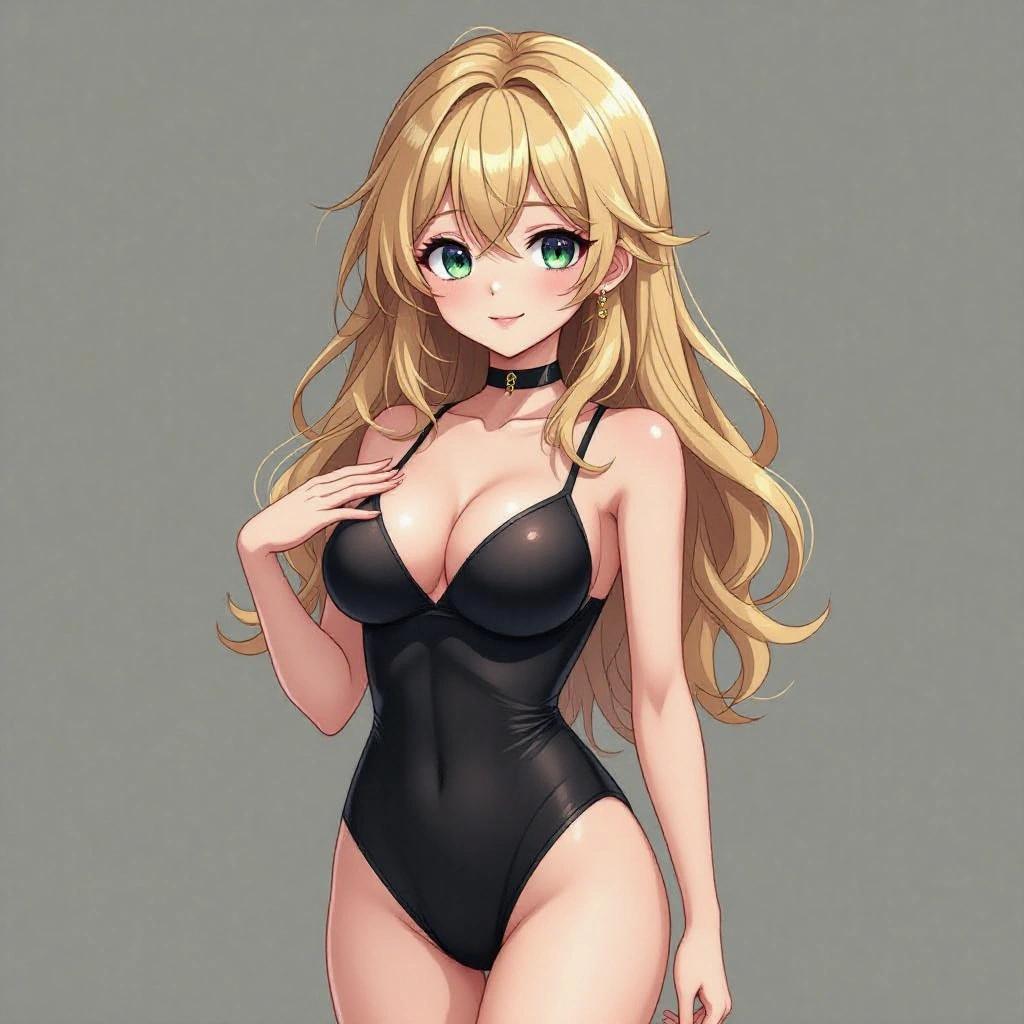 3D anime depiction character with medium blonde hair wearing a leotard and showcasing an hourglass figure