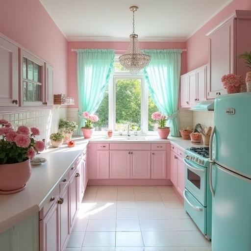 White and light pink kitchen with light aqua accents. Bright and airy ambiance with no dark shadows. Light pink cabinets and countertops complement an aqua refrigerator and stove. Features a crystal chandelier and pink rose flowerpots beside the sink.