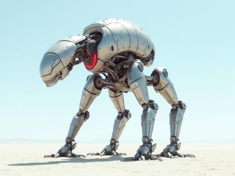 An enormous six-legged biomechanical robot creature stands in a white desert under a bright blue sky. The robot features a sleek metallic body with textured details, red LED elements, and an organic skin-like appearance. The scene portrays realism with shadows accentuating its form and structure.