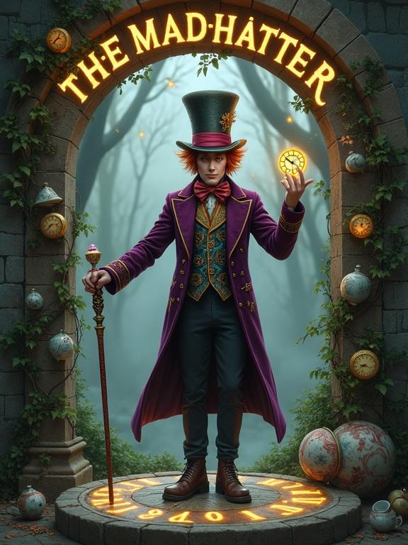 A painterly portrait of The Mad Hatter in a misty forest. He wears a deep plum frock coat with golden trim. An ornate cane with a clock is in hand. Floating clocks surround him. Bold lettering reads 'THE MAD HATTER'. Aged stone frame with vines and gears.