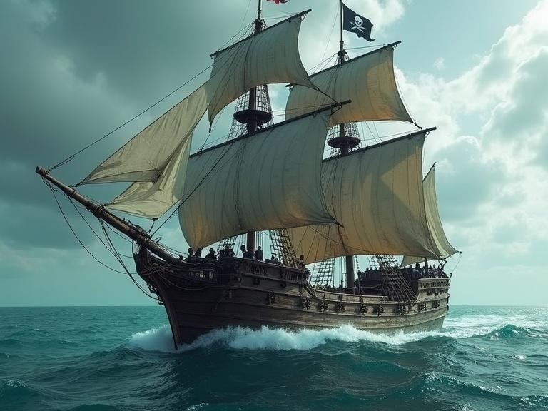 A wooden pirate ship sails on blue-green water. It has a skull-and-bones flag. The crew is active on deck. The scene is dark and adventurous.
