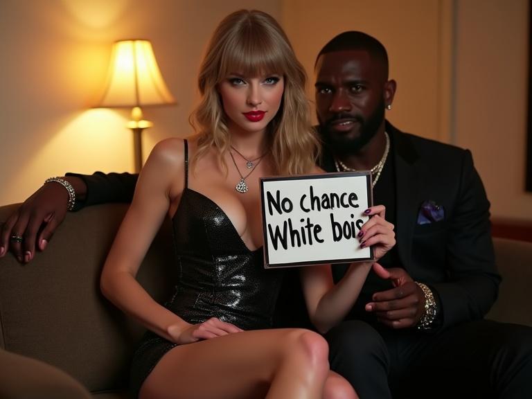 A stylish couple in a motel room. A woman with long blonde hair sitting on a couch. She's wearing a sparkly black dress. A man beside her with a serious expression. The woman holds a sign that says 'No chance White bois'. They are posing together.