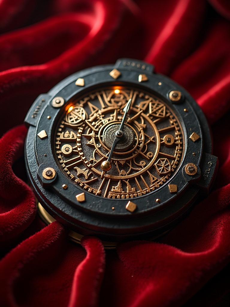 Intricately crafted mechanical puzzle resting atop red velvet. Clock adorned with mystical symbols. Features gear mechanism and ornate dial face. Oxidized matte black body illuminated by warm glow. Photographed from top view with rim lighting effect.