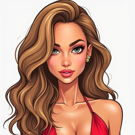 Cartoon style representation of a female character with long hair. Character has a stylish look in a red outfit. Emphasize facial features and hair texture with bold colors.