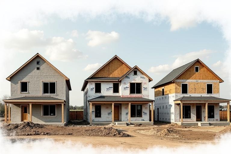 Three single family homes under construction. Varying stages of completion are visible. Houses have different exteriors and designs. The foreground is bare with construction debris. The background features a clear sky with soft clouds.