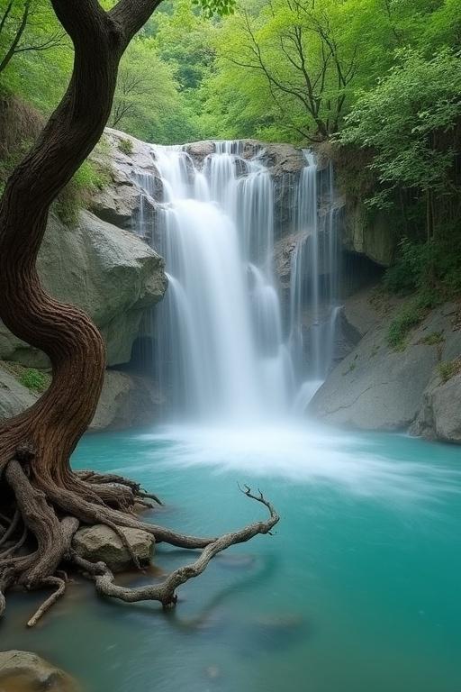 Serene waterfall cascading into turquoise pool surrounded by lush greenery. Detailed portrayal of flowing water and smooth rocks. Intricate tree branches submerged in tranquil pool. Soft mist around waterfalls on rocky outcrops. Gentle lighting on water and rocks. Realistic depiction of natural elements and textures.