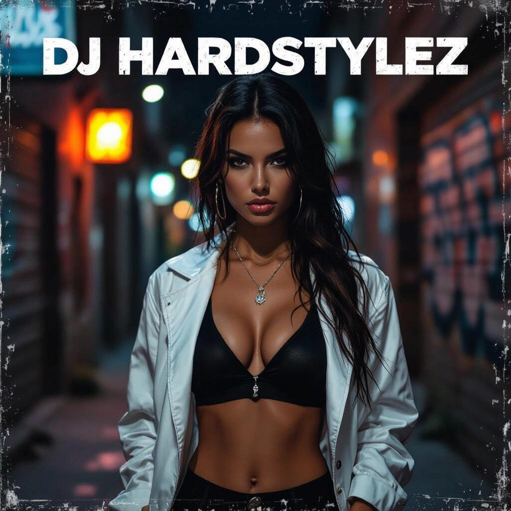 A raw photo captured in a dark alley featuring a summer-themed, stylish woman. She is facing forward with a hand behind her back. The image has a complex artwork quality suitable for an album cover, labeled DJ Hardstylez.