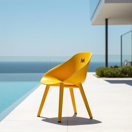 The M Chair is bright yellow on a smooth concrete patio next to an infinity pool. A minimal building is in the background. Strong sunlight casts shadows on the patio.
