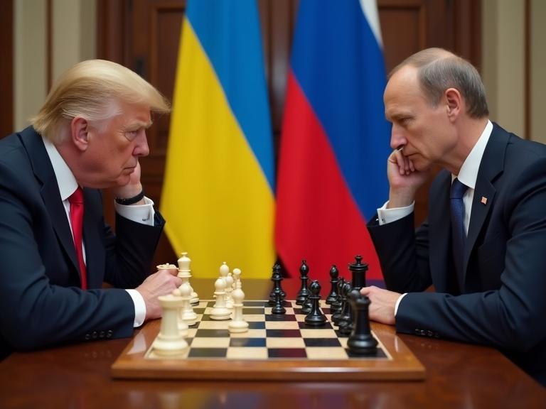 American President and Russian President in a chess match. Ukrainian and Russian flags appear in background. Focus on strategy and tension of the game.