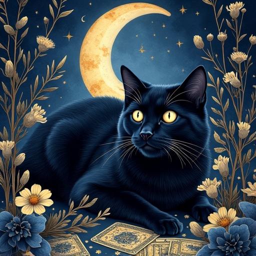 Seamless repeating pattern featuring black cats with glowing white eyes. Cats lounging among crescent moons, blooming nightshade flowers, and tarot cards. Deep indigo background with gold elements. Mystical gothic vibes and vintage esoteric aesthetic. Stylized ink and watercolor blend. Transparent background.