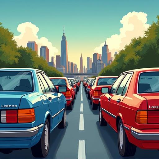 Long line of cars stuck in heavy traffic. Frustrated driver looking at the clock. City skyline in background. Bright daylight. Colorful comic illustration.