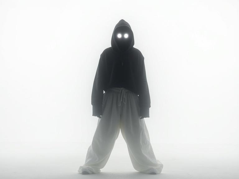 Dark shadow figure with glowing white eyes stands against a white background. Wearing loose white pants, an air of mystery surrounds it. Soft luminescence emanates from its eyes, creating a compelling visual.