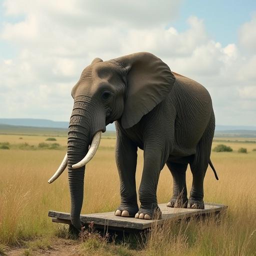 Elephant stands on a seesaw. The scenery is open grassland with a blue sky. The elephant has large tusks and big ears. The seesaw is wooden. The image shows a serene environment.
