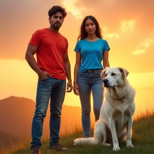 A cinematic scene featuring a muscular man and a beautiful woman with a large white dog on a grassy hill during sunset. The sky glows with oranges and purples. The characters display confidence and warmth, capturing a moment of unity and loyalty.