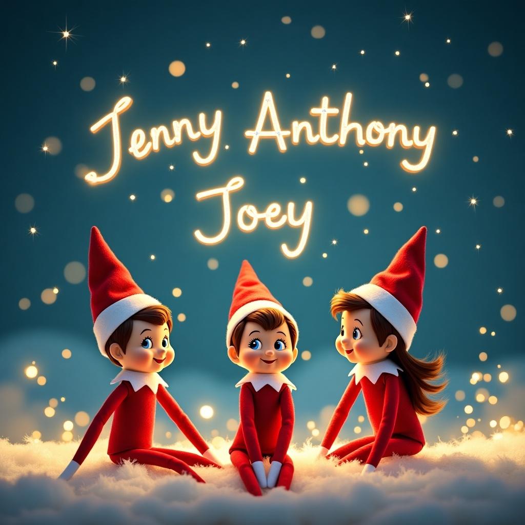 Create a charming scene featuring three elves: a baby boy elf with short red hair, a boy elf with short brown hair, and a girl elf with long brown hair. They should be sitting together in a cozy, festive setting. Above them, write the names 'Jenny', 'Anthony', and 'Joey' in shimmering letters, surrounded by sparkles. The background should have a magical, starry ambiance, enhancing the cheerful holiday spirit. Make sure to convey a sense of joy and whimsy in the design.